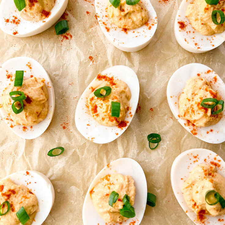Tray of vegan deviled eggs.