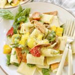 Two plates of vegan Italian Pasta salad on a table top.
