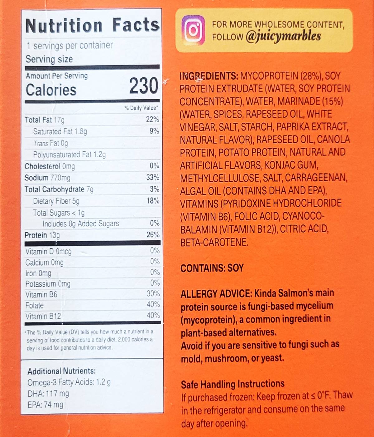 the list of nutrition facts and ingredients from the back of the box of Juicy Marbles kinda Salmon