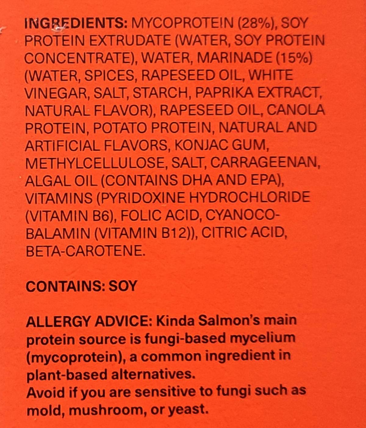 the list of ingredients from the back of the box of Juicy Marbles kinda Salmon