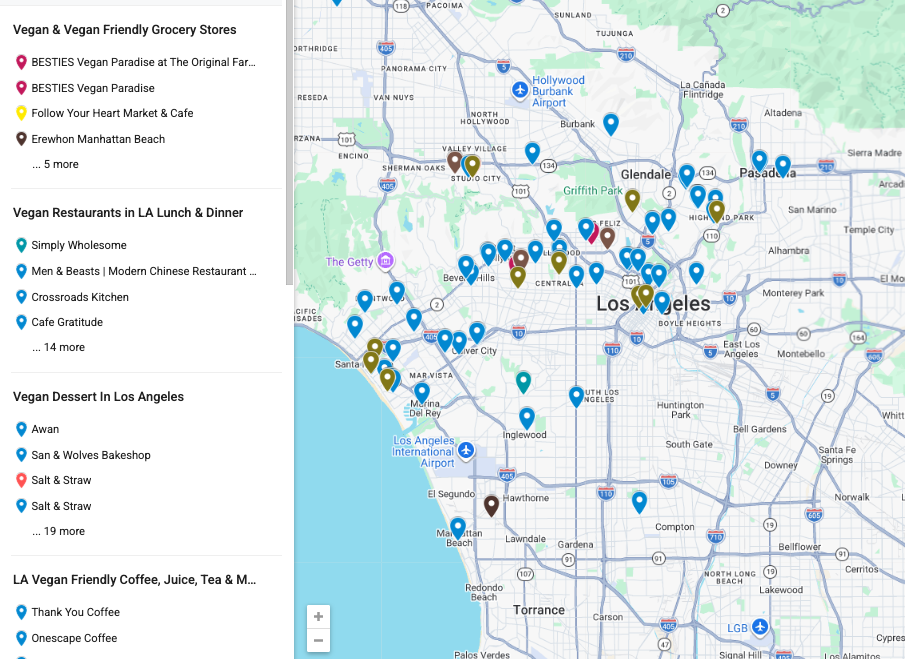 Map of Los Angeles showing pins for vegan and vegan-friendly grocery stores, restaurants, dessert places, and coffee shops, with a legend listing each location type and corresponding pin color on the left side.